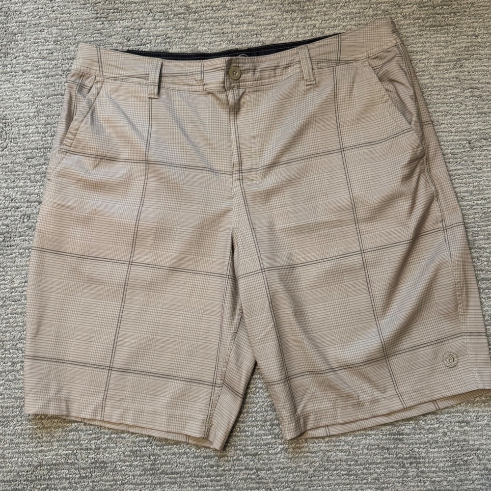 Hang Ten Mens Plaid Hybrid Walk Shorts Tan Brown Size 38 Stretch Boardshorts